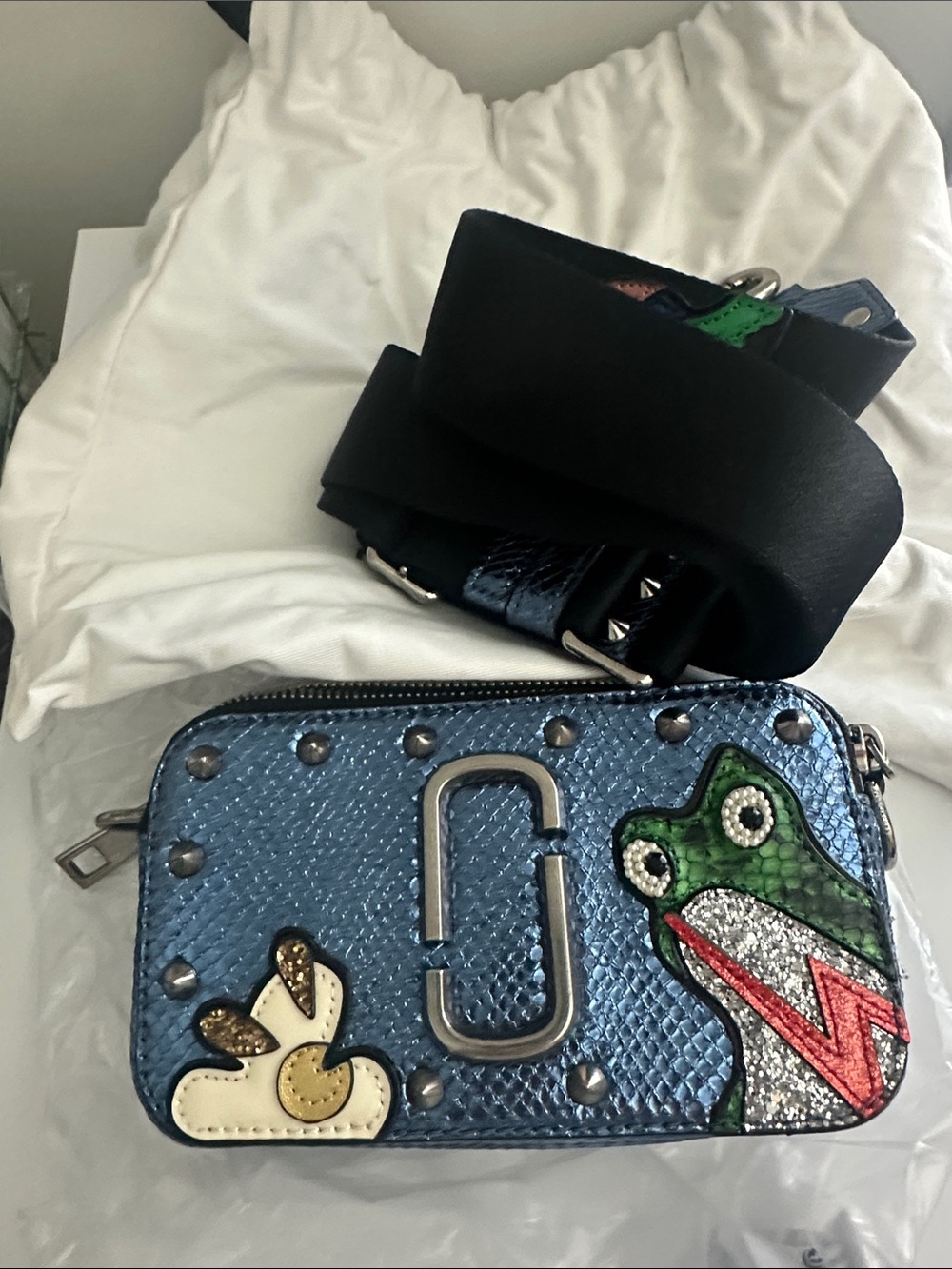 Marc Jacob’s Limited Blue Metallic Crossbody Camera Bag with Frog Patch
